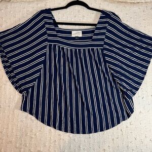 Women’s Small Kimono Batwing Navy Blue Top Stripes Nautical Square Neck